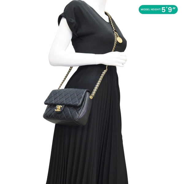 CHANEL Chain Soul Flap Quilted Caviar Leather Crossbody Bag Black