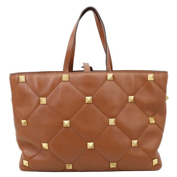 VALENTINO Roman Stud Large Leather Tote Bag Saddle Brown