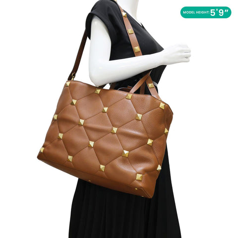 VALENTINO Roman Stud Large Leather Tote Bag Saddle Brown