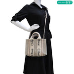 CHLOE Woody Small Canvas Linen Canvas Tote Bag Off White