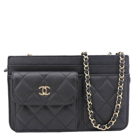 CHANEL CC Multi-Pocket In 
Out Quilted Caviar Leather Chain Wallet Black