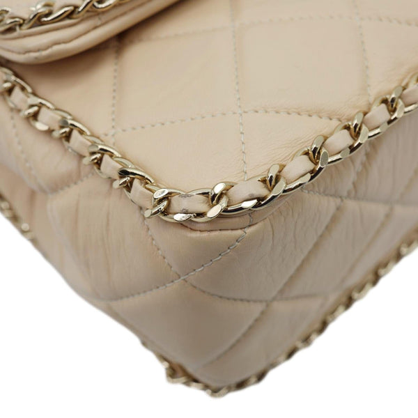 CHANEL Chain All Over Flap Medium Calfskin Crumpled Leather Crossbody Bag Beige