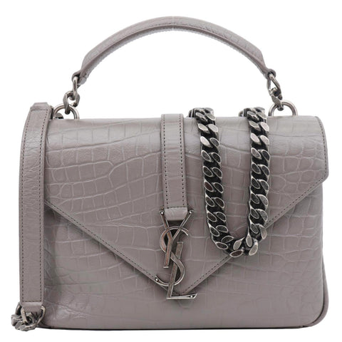 YVES SAINT LAURENT College Medium Crocodile Embossed Leather Satchel Bag Gray