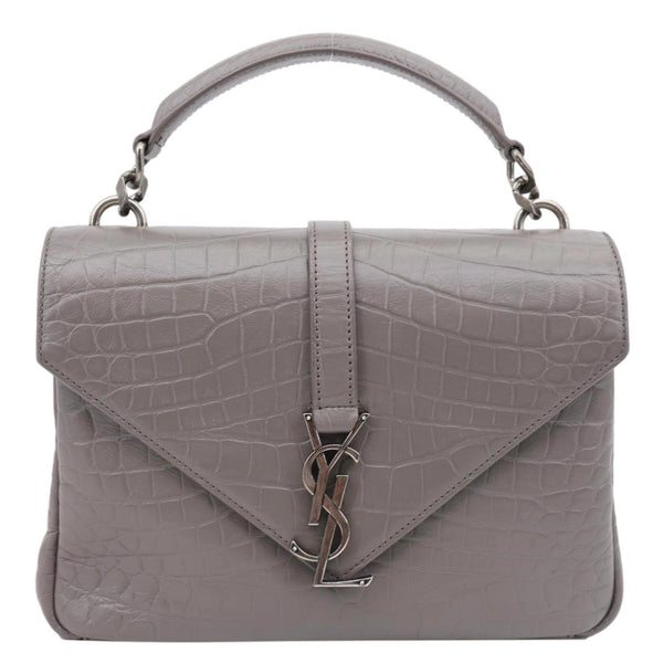 YVES SAINT LAURENT College Medium Crocodile Embossed Leather Satchel Bag Gray