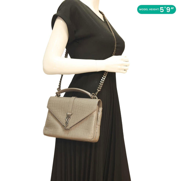 YVES SAINT LAURENT College Medium Crocodile Embossed Leather Satchel Bag Gray