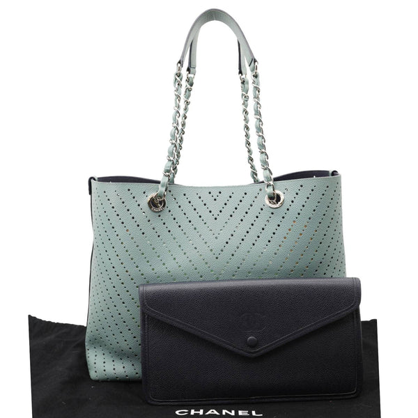 CHANEL Perforated Grained Calfskin Leather Shopping Tote Bag Green