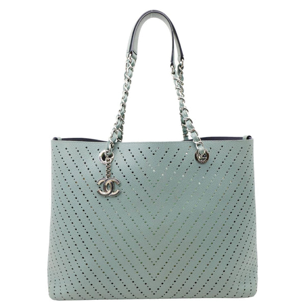 CHANEL Perforated Grained Calfskin Leather Shopping Tote Bag Green