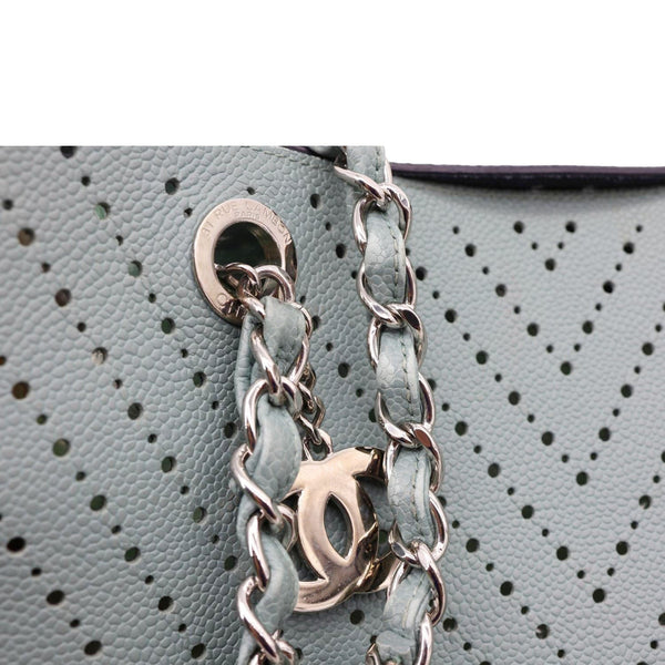 CHANEL Perforated Grained Calfskin Leather Shopping Tote Bag Green