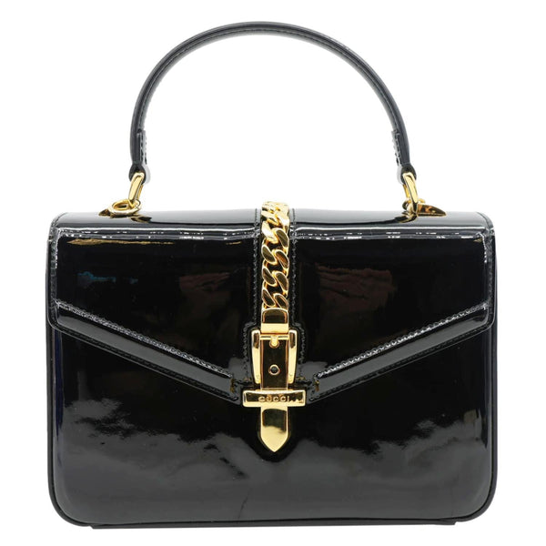 GUCCI Sylvie 1969 Mini Patent Leather Top Handle Crossbody Bag Black 589479