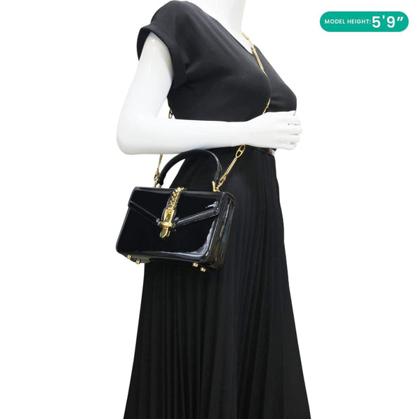 GUCCI Sylvie 1969 Mini Patent Leather Top Handle Crossbody Bag Black 589479