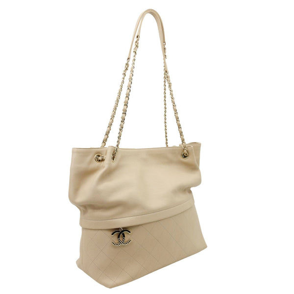 CHANEL Zip Carry Crumpled Grained Calfskin leather Shopping Tote Bag Beige