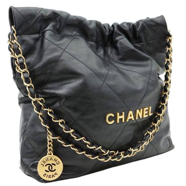 CHANEL 22 Small Shiny Calfskin Leather Chain Crossbody Bag Black