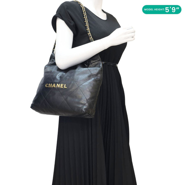 CHANEL 22 Small Shiny Calfskin Leather Chain Crossbody Bag Black