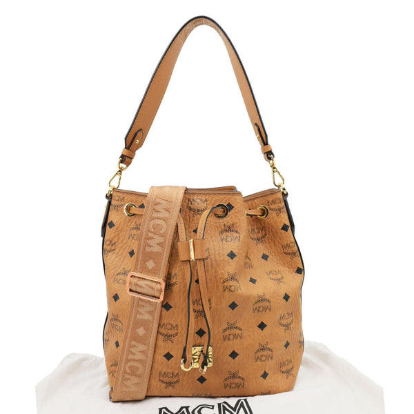 MCM Drawstring Visetos Canvas Bucket Bag Cognac