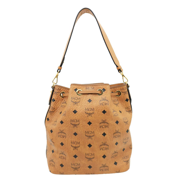 MCM Drawstring Visetos Canvas Bucket Bag Cognac