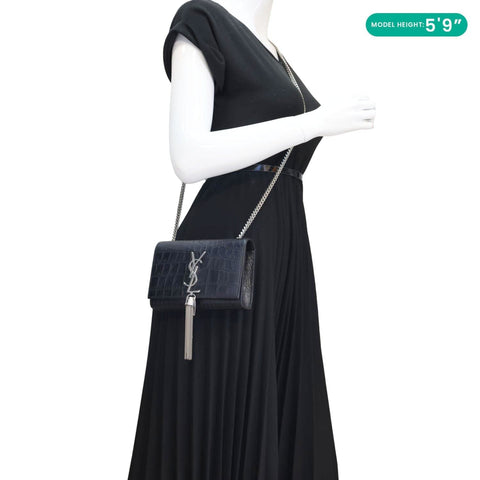 YVES SAINT LAURENT Kate Tassel Crocodile Embossed Leather Crossbody Bag Black