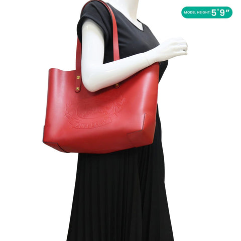 BURBERRY Crest Small Calfskin Leather Tote Bag Red