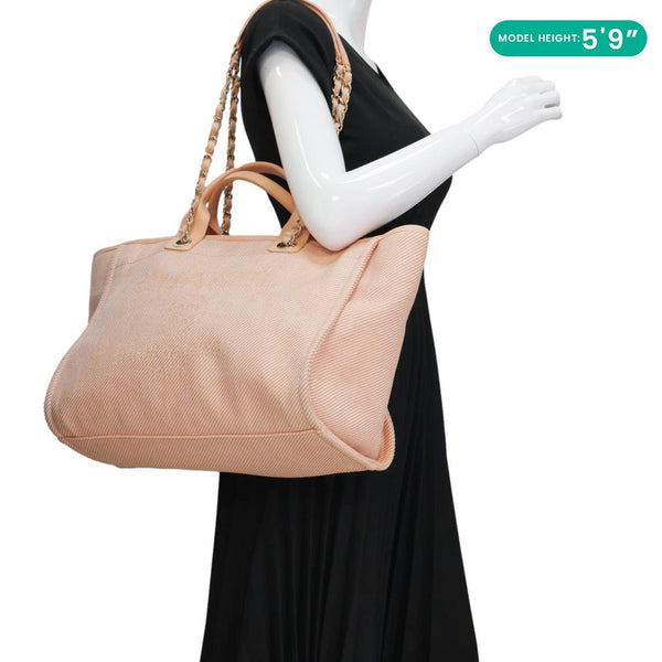CHANEL Deauville Mixed Fibers Calfskin Leather Tote Bag Peach