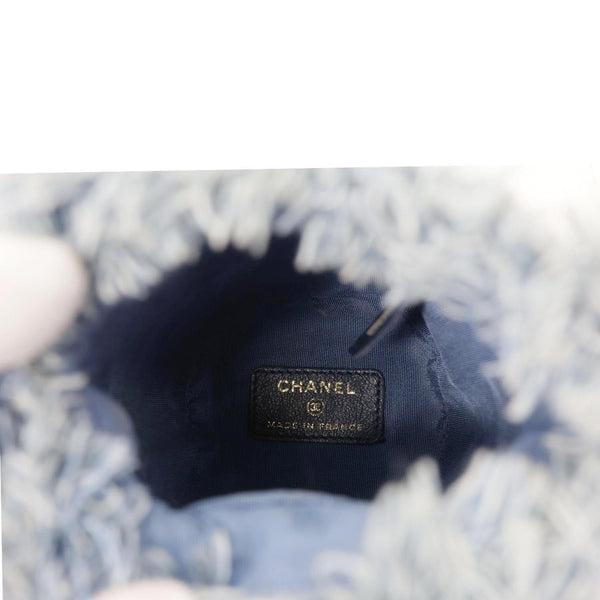 CHANEL Mood Logo Printed Quilted Denim Chain Bucket Bag Blue