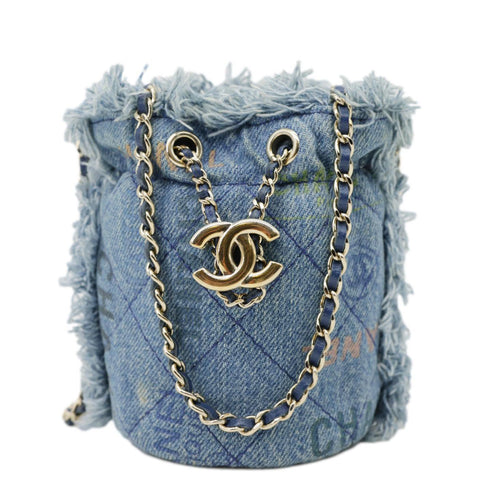CHANEL Mood Logo Printed Quilted Denim Chain Bucket Bag Blue