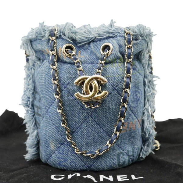 CHANEL Mood Logo Printed Quilted Denim Chain Bucket Bag Blue