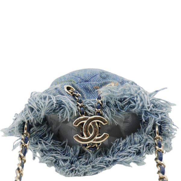 CHANEL Mood Logo Printed Quilted Denim Chain Bucket Bag Blue