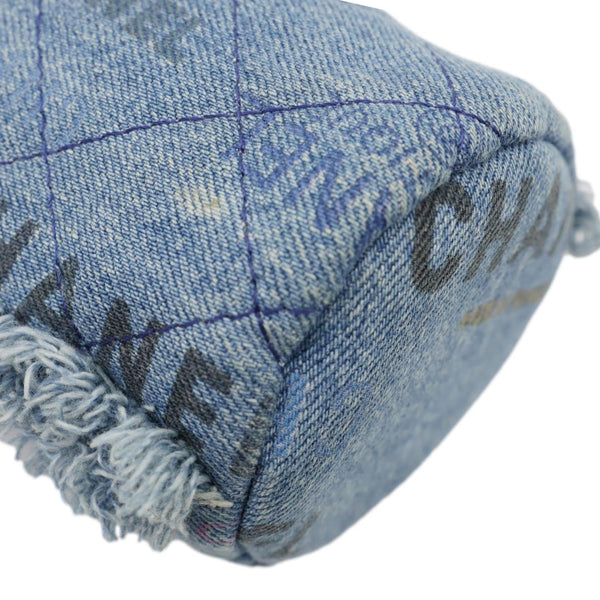 CHANEL Mood Logo Printed Quilted Denim Chain Bucket Bag Blue