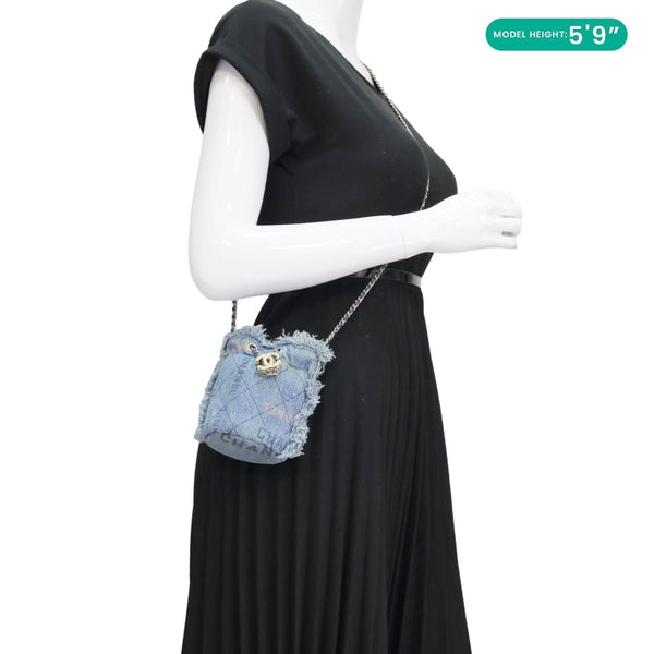 CHANEL Mood Logo Printed Quilted Denim Chain Bucket Bag Blue