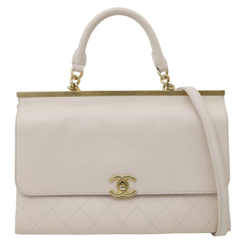 CHANEL Coco Luxe Flap Quilted Lambskin Leather Top Handle Shoulder Bag Off White