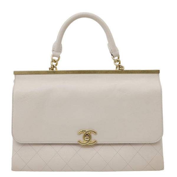 CHANEL Coco Luxe Flap Quilted Lambskin Leather Top Handle Shoulder Bag Off White