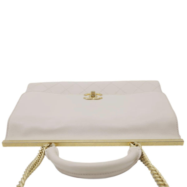 CHANEL Coco Luxe Flap Quilted Lambskin Leather Top Handle Shoulder Bag Off White