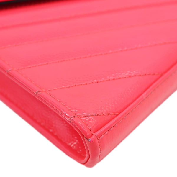 YVES SAINT LAURENT Monogram Grain De Poudre Chevron Leather Wallet On Chain Neon Pink