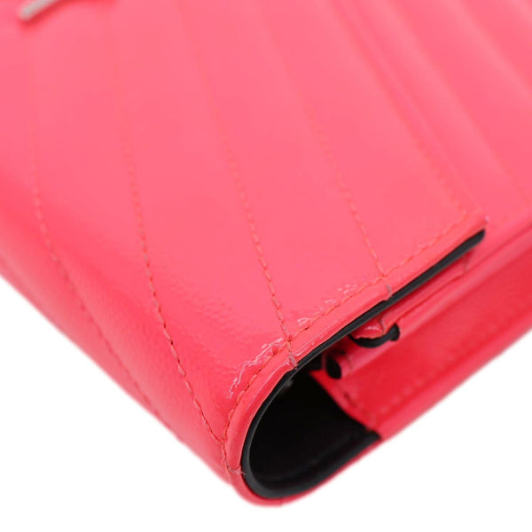 YVES SAINT LAURENT Monogram Grain De Poudre Chevron Leather Wallet On Chain Neon Pink