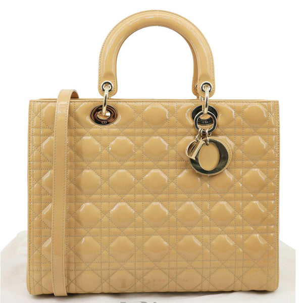 CHRISTIAN DIOR Lady Dior Large Quilted Patent Leather Shoulder Bag Camel