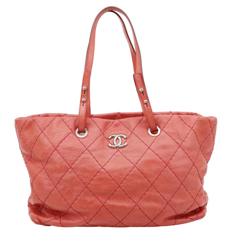 CHANEL On The Road Large Glazed Quilted Calfskin Leather Tote Bag Red
