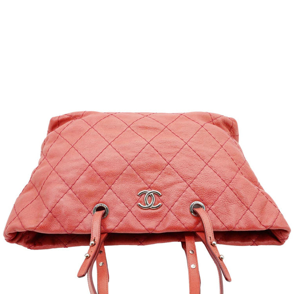 CHANEL On The Road Large Glazed Quilted Calfskin Leather Tote Bag Red