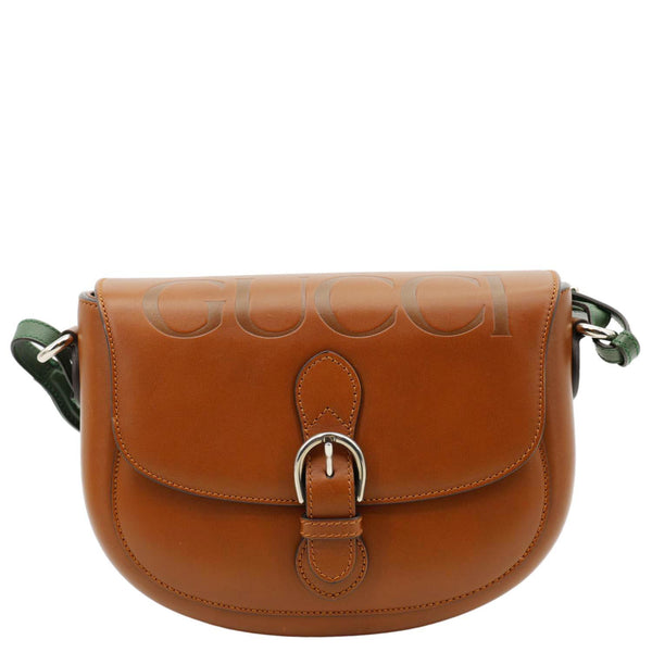 GUCCI Logo Small Embossed Calfskin Leather Shoulder Bag Brown 679540