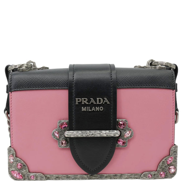 PRADA Cahier City Small Calf Saffiano Leather Chain Crossbody Bag Pink