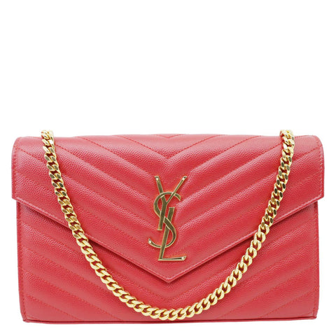 YVES SAINT LAURENT Envelope Grain De Poudre Chevron Leather Wallet On Chain Red