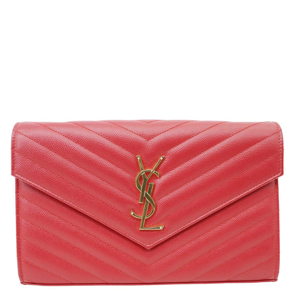 YVES SAINT LAURENT Envelope Grain De Poudre Chevron Leather Wallet On Chain Red