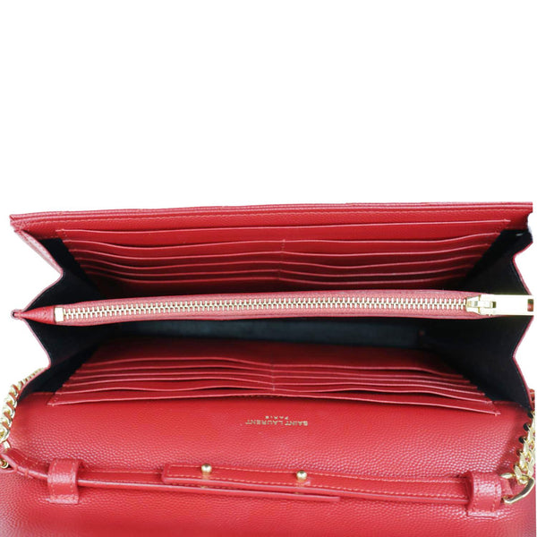 YVES SAINT LAURENT Envelope Grain De Poudre Chevron Leather Wallet On Chain Red