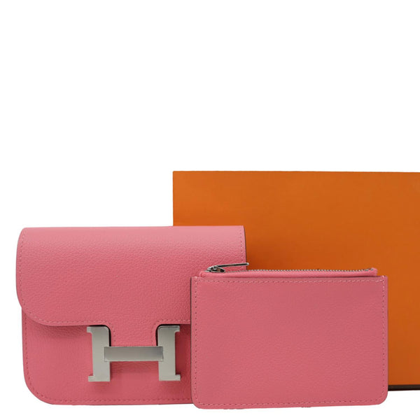 HERMES Constance Slim Calfskin Leather Wallet Rose Confetti Sanguine