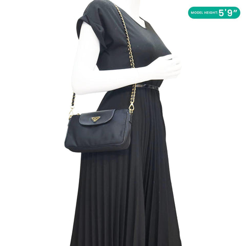 PRADA Tessuto Saffiano Chain Shoulder Bag Black