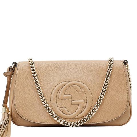 GUCCI Soho Flap Leather Chain Crossbody Bag Beige 536224