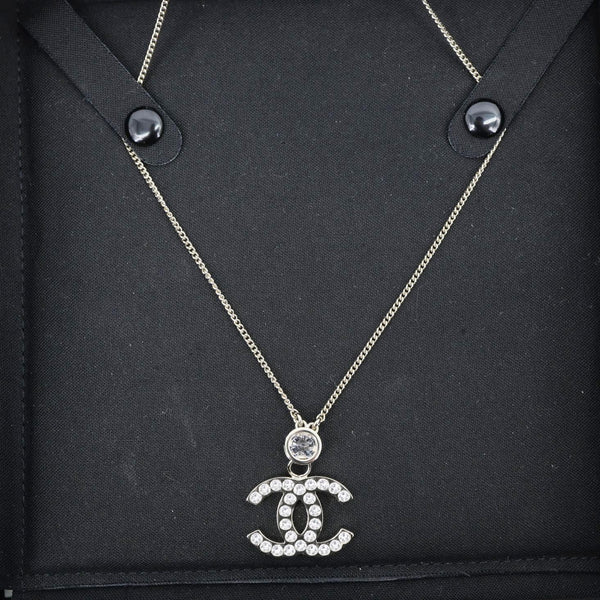 CHANEL Pave Crystal CC Logo Metal Necklace Gold