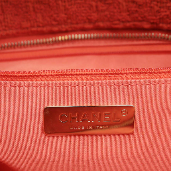 CHANEL Giant Logo Tweed Shopping Tote Bag Red