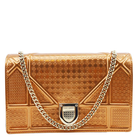 CHRISTIAN DIOR Diorama Micro-Cannage Patent Leather Wallet on Chain Orange