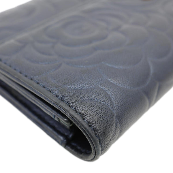 CHANEL Camellia Gusset Flap Embossed Lambskin Leather Wallet Navy Blue