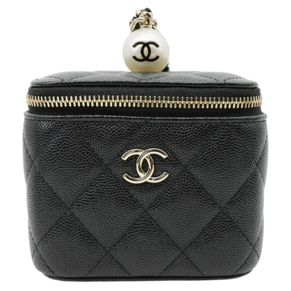 CHANEL Pearl On Top Mini Quilted Caviar Leather Chain Vanity Case Bag Black
