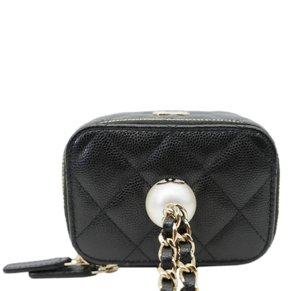 CHANEL Pearl On Top Mini Quilted Caviar Leather Chain Vanity Case Bag Black